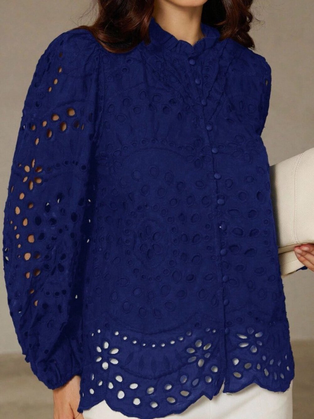 Blue Boho Women's Casual Embroidered Hollow-Out Pleated Front Long Sleeve Blouse - Picture 6 of 8
